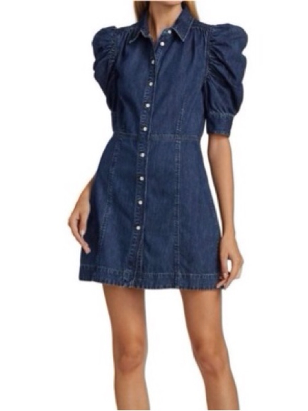 Frame Denim Dark Blue Puff-Sleeve Button-Front Mini Dress